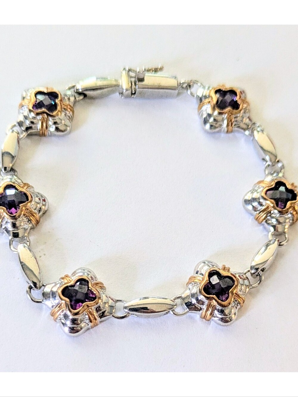 Vintage Silver Plated Gold Accent Purple Crystal Clover Station Link Bracelet 7" - Picture 9 of 9